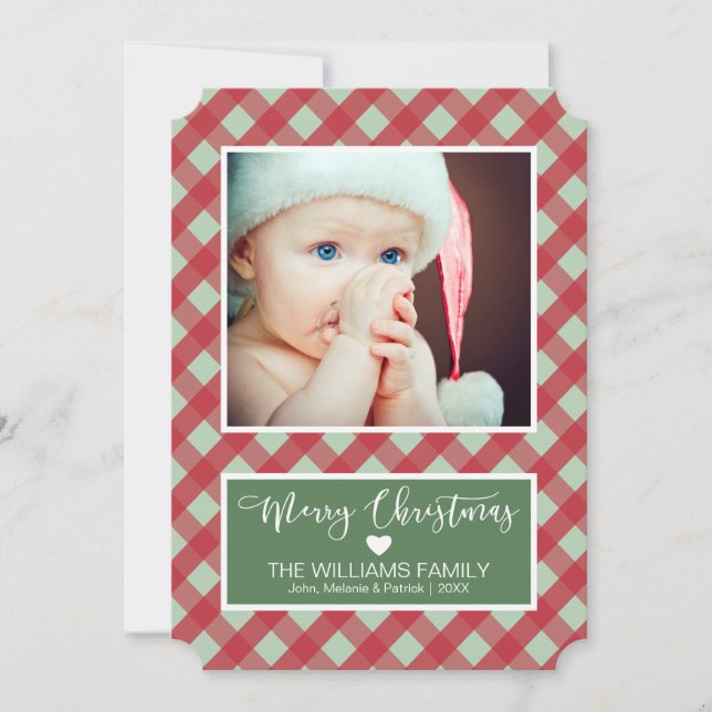 Merry Christmas - Red and Green  Plaid Photo Holiday Card (Front)