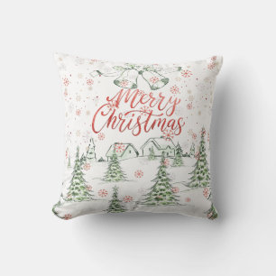 Merry Christmas Red and Green Snowy Trees Cushion