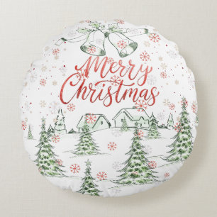Merry Christmas Red and Green Snowy Trees Round Cushion