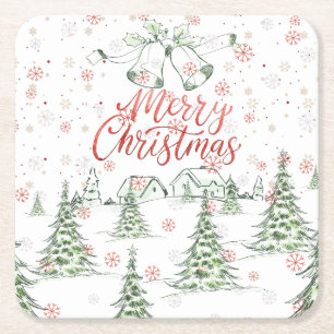 Merry Christmas Red and Green Snowy Trees Square Paper Coaster