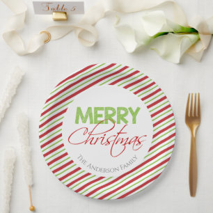 Merry Christmas   Red and Green Stripes Paper Plate