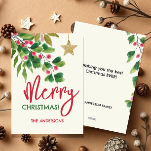 Merry Christmas Red And Green Watercolor Branches Holiday Card
