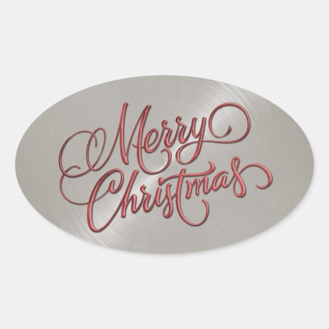 Merry Christmas Red and Grey Embossed Look Oval Sticker (Front)
