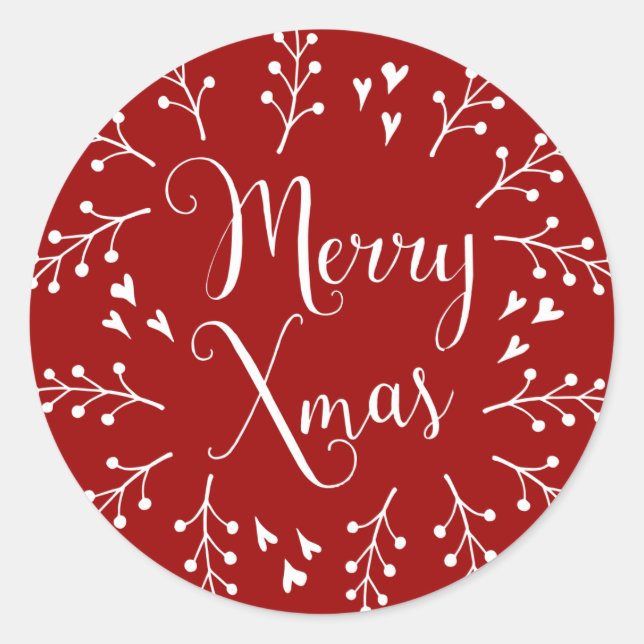 Merry Christmas Red and White Berries and Hearts Classic Round Sticker (Front)