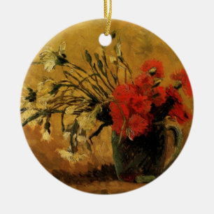 Merry Christmas Red and White Carnations Ceramic Tree Decoration