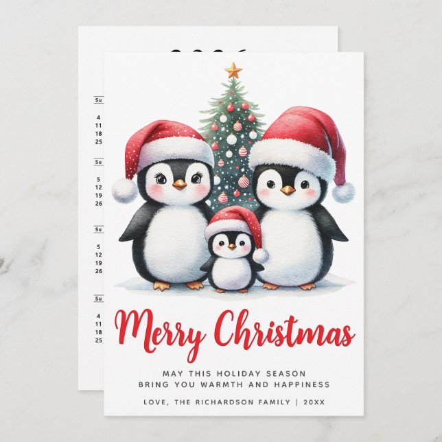 Merry Christmas Red and White Cute Penguin Family Holiday Card (Front/Back)