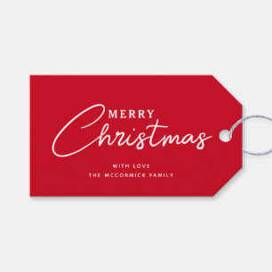 Merry Christmas Red And White Script Family Name Gift Tags