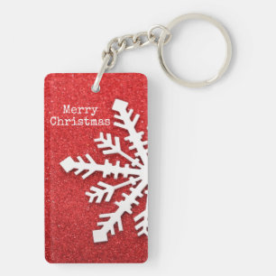 Merry Christmas Red and White Snowflake Key Ring