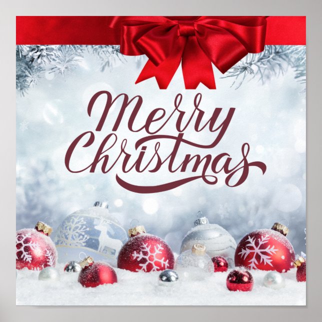 Merry Christmas Red and White Snowflake Ornaments Poster (Front)