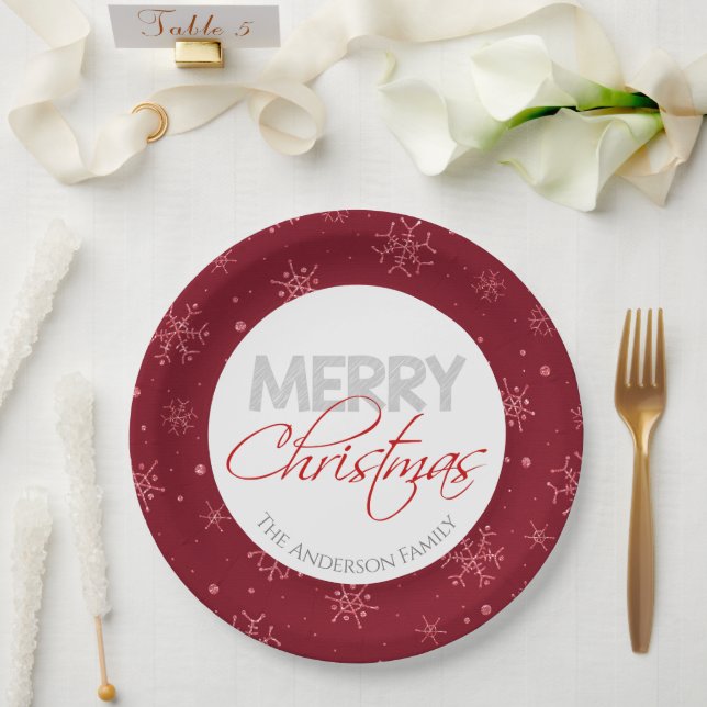Merry Christmas | Red and White Snowflakes Paper Plate (Wedding)