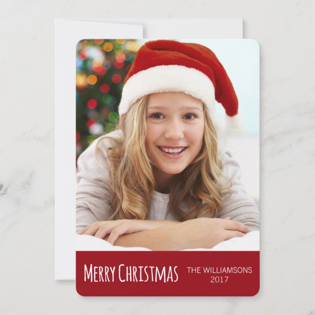 Merry Christmas Red and White Trendy Photo Holiday Card (Front)