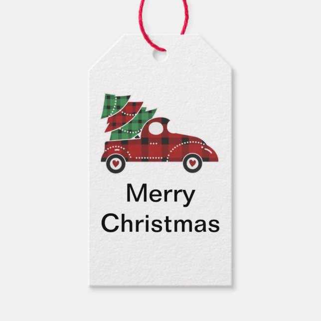 Merry Christmas Red Antique Pick Up Truck Gift Tags (Front)