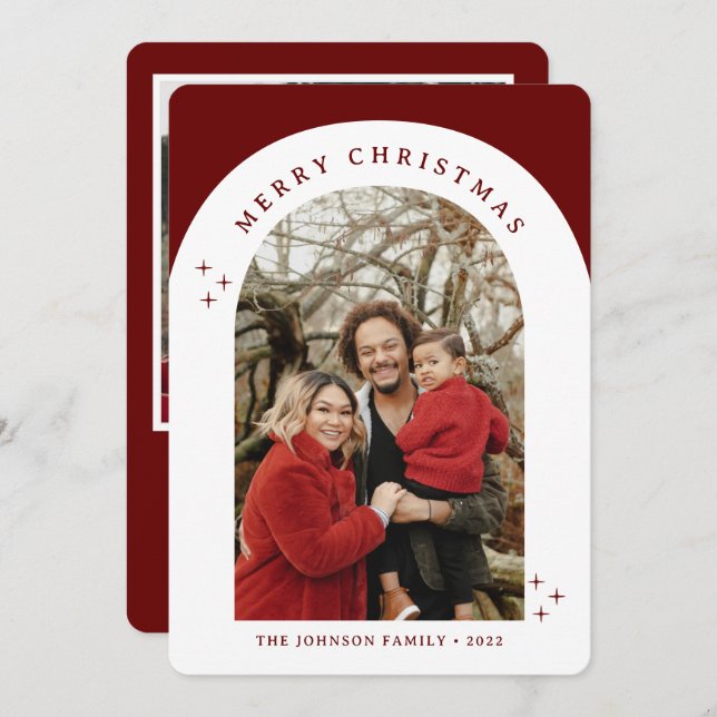Merry Christmas Red Arched Frame 2 Photo Holiday Card (Front/Back)