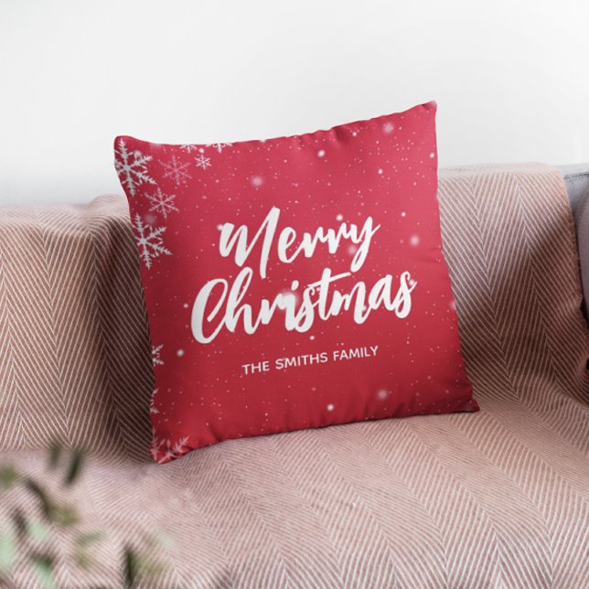 Merry Christmas Red Background With Snowflakes Cushion (Creator Uploaded)