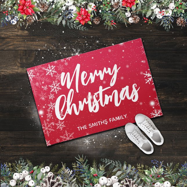 Merry Christmas Red Background With Snowflakes Doormat (Creator Uploaded)