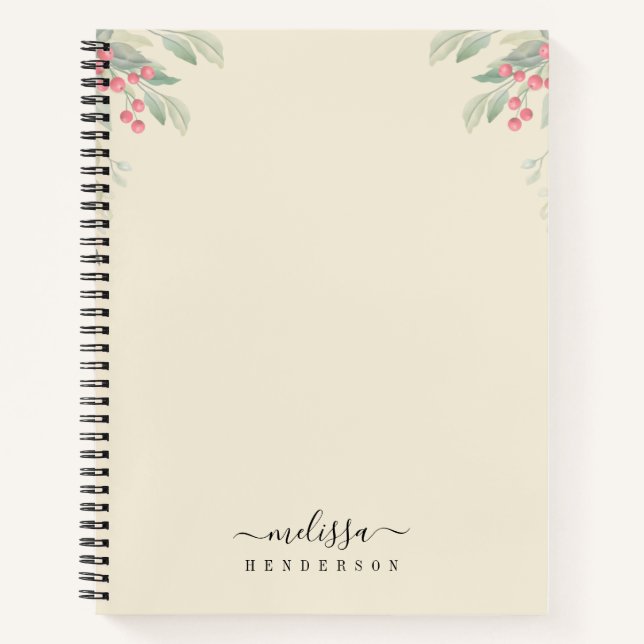 Merry Christmas Red Berries Botanical Holiday Notebook (Front)