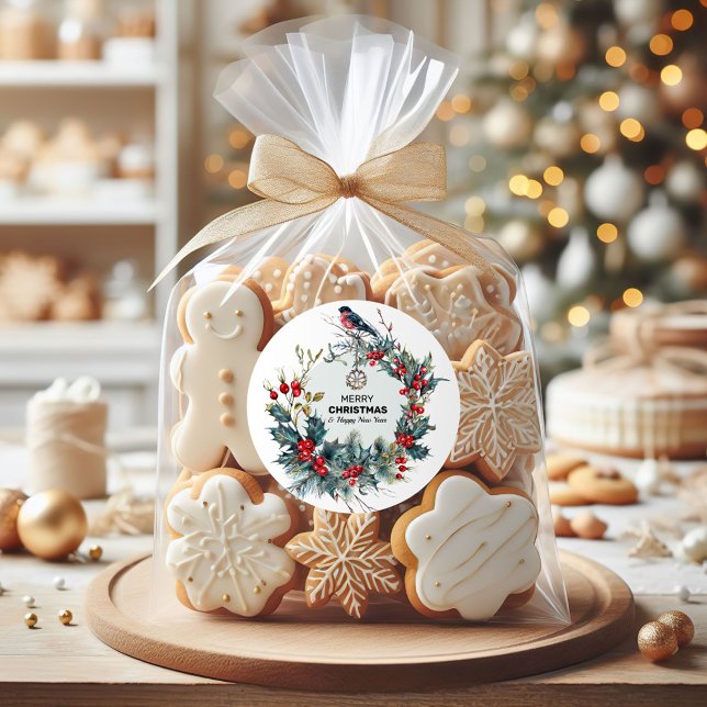 Merry Christmas-Red Berries & Bullfinch Classic Round Sticker (Creator Uploaded)