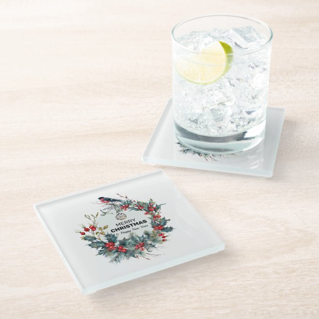 Merry Christmas-Red Berries & Bullfinch Glass Coaster (Angled)