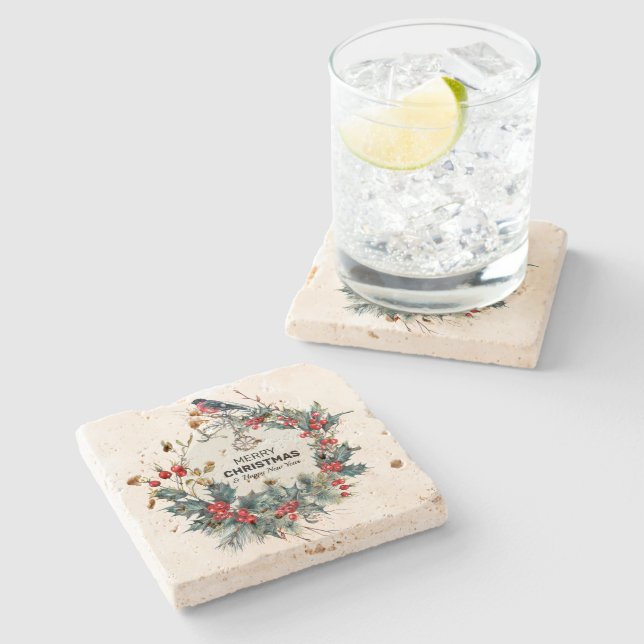 Merry Christmas-Red Berries & Bullfinch Stone Coaster (Side)