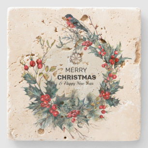 Merry Christmas-Red Berries & Bullfinch Stone Coaster