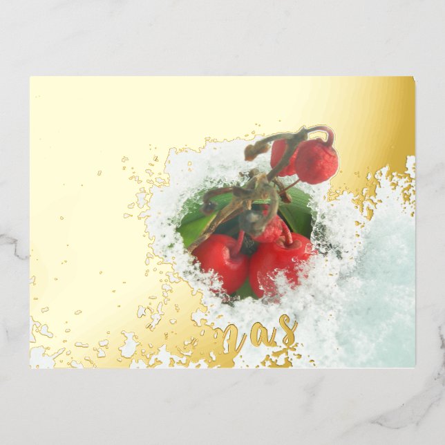 Merry Christmas Red Berries Gold Foil Postcard (Front)