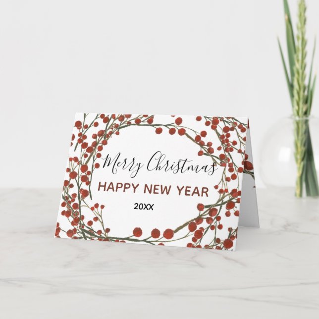 Merry Christmas Red Berries Greeting Card (Front)
