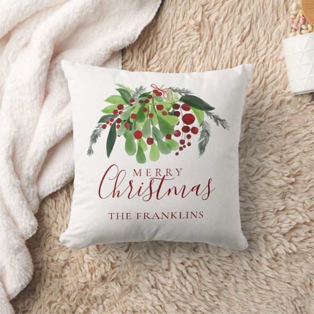Merry Christmas Red Berries Personalised Family Cushion (Blanket)
