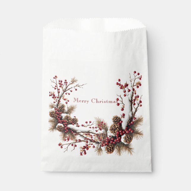 Merry Christmas Red Berries Pine Cones Snow Favour Bag (Front)