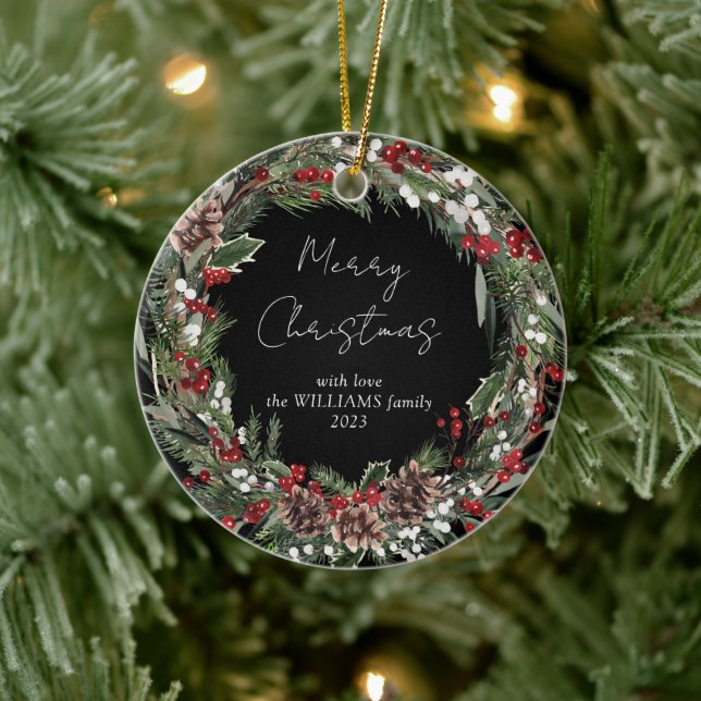 Merry Christmas Red Berry Botanical Wreath Photo Ceramic Ornament (Tree)