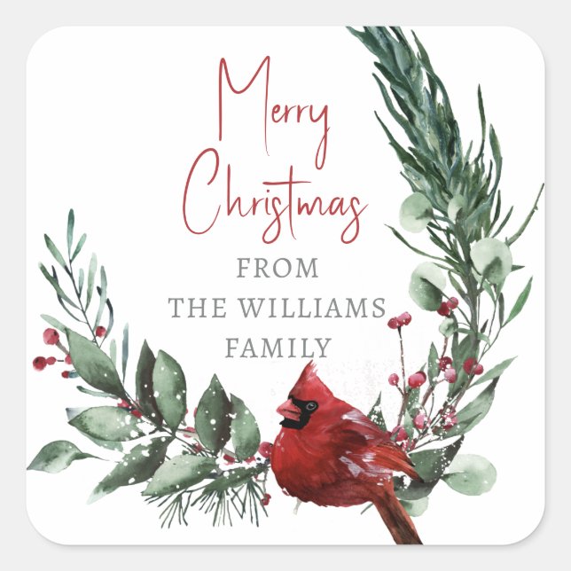 Merry Christmas Red Berry Cardinal Bird  Square Sticker (Front)