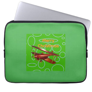 Merry Christmas Red Bi-plane on Green Circles Laptop Sleeve