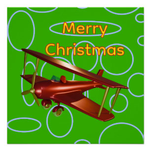 Merry Christmas Red Bi-plane on Green Glossy Poste Poster