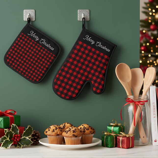 Merry Christmas Red & Black Buffalo Plaid Oven Mitt & Pot Holder Set (Creator Uploaded)