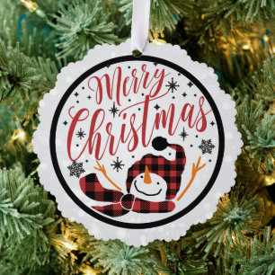 Merry Christmas Red Black Buffalo Plaid Snowman Tree Decoration Card