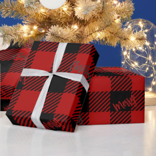 Merry Christmas Red Black Buffalo Plaid Wrapping Paper