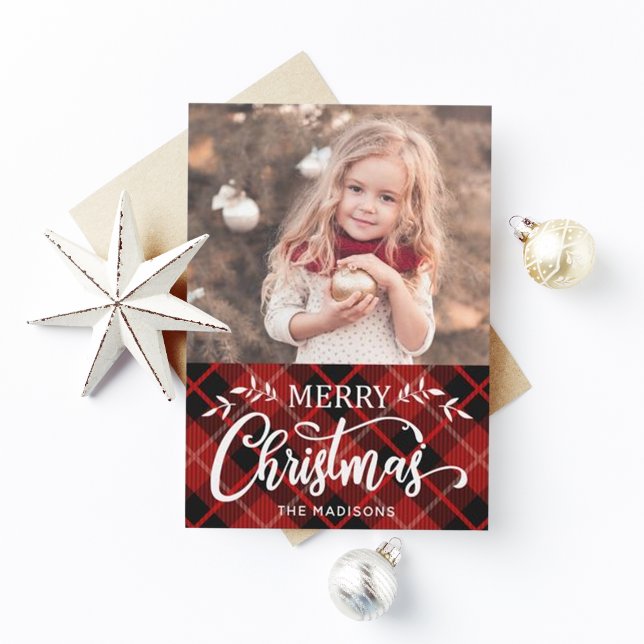 Merry Christmas Red Black Plaid Photo Card (Creator Uploaded)