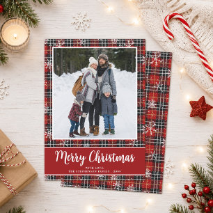Merry Christmas Red Black Plaid Snowflakes Photo Holiday Card