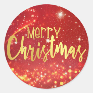 Merry Christmas, Red Bokeh, Gold and White Lights Classic Round Sticker
