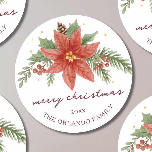 Merry Christmas Red Botanical Poinsettia Classic Round Sticker (Creator Uploaded)
