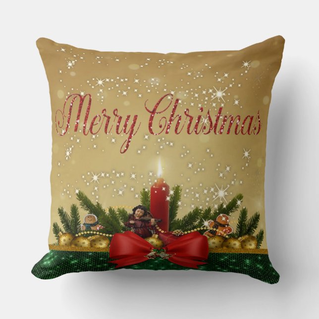 Merry Christmas,Red Bow Candle,Pine Tree Branches Cushion (Front)