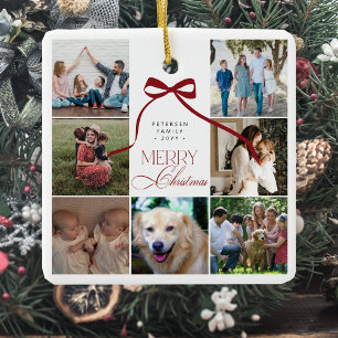 Merry Christmas red bow custom photo collage  Ceramic Ornament