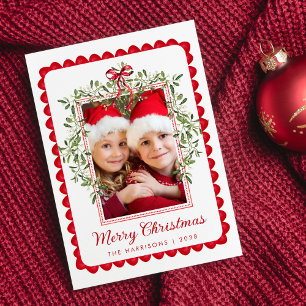 Merry Christmas Red Bow Greenery Watercolor Photo Holiday Card