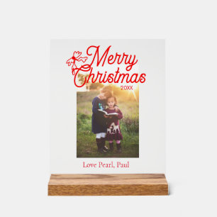 Merry Christmas red bow kids photo modern elegant Acrylic Sign