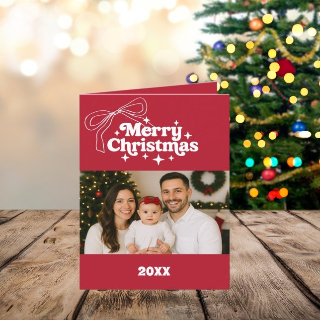 Merry Christmas red bow photo grid year in review Holiday Card (Creator Uploaded)