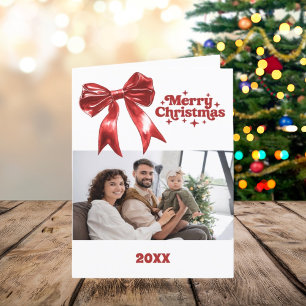 Merry Christmas red bow photo year in review card