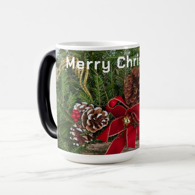 Merry Christmas Red Bow Pine Cones PIne Branches Magic Mug (Front Left)