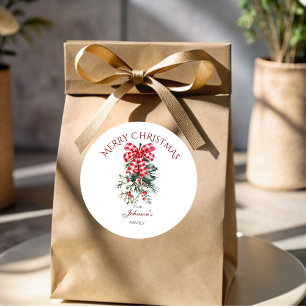 Merry Christmas red bow pines rustic Classic Round Sticker