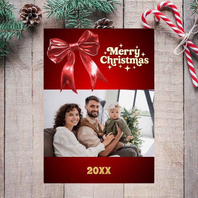 Merry Christmas red bow retro photo gold Foil Holiday Card (Creator Uploaded)