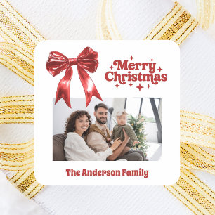 Merry Christmas red bow retro photo Square Sticker