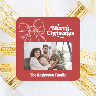 Merry Christmas red bow white photo Square Sticker